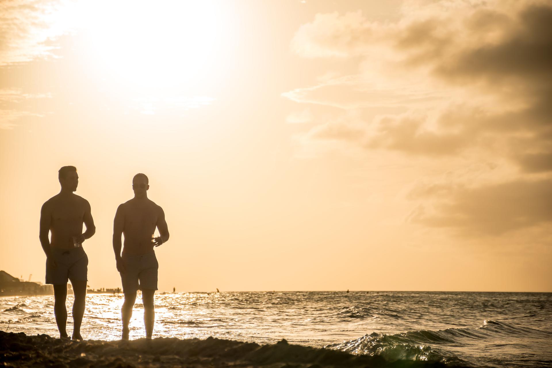 Young homosexual couple walking on the beach